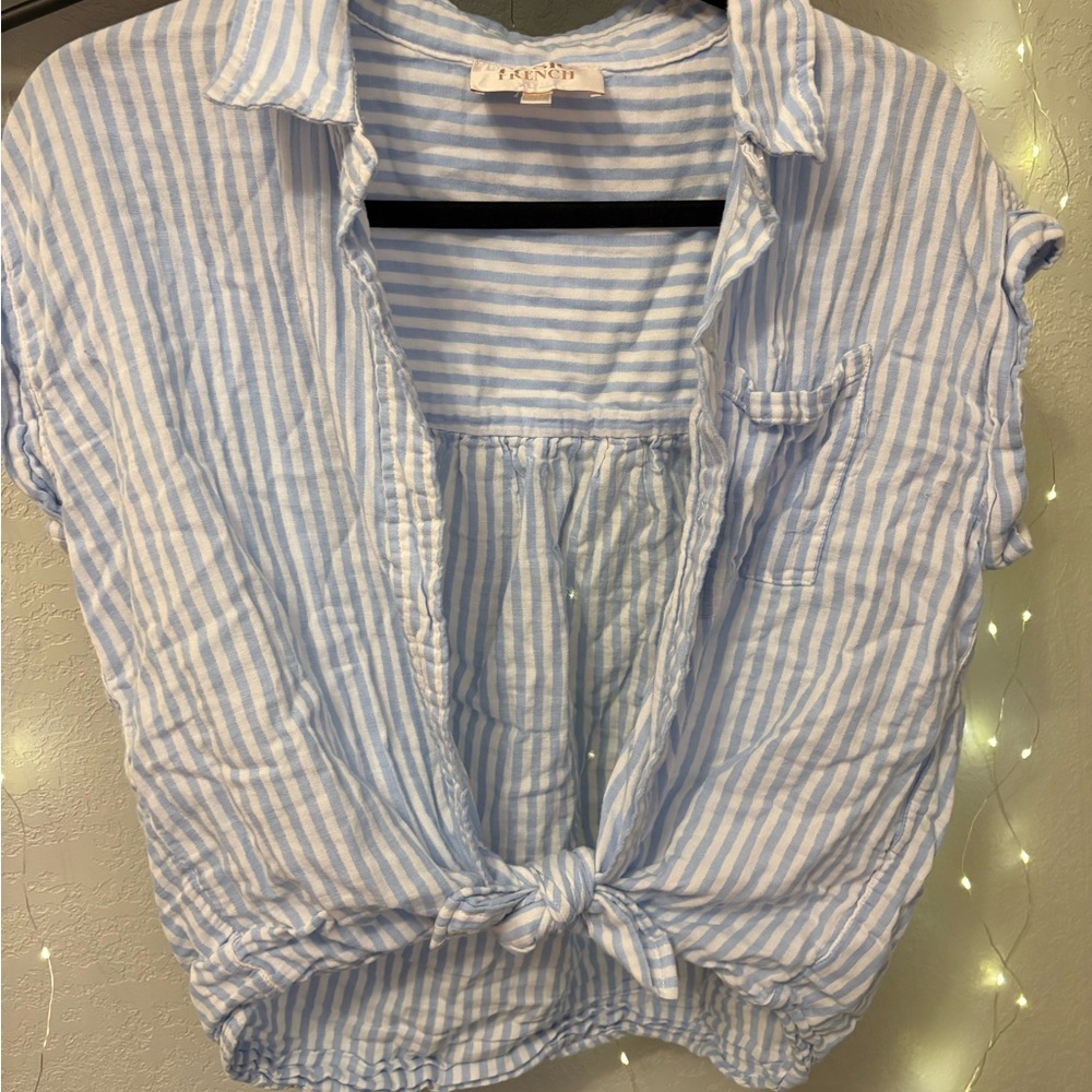 Striped Blue Tie-Front Top